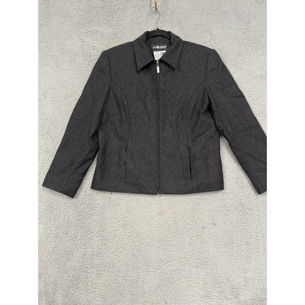 Sag Harbor Petite Jacket Womens 12 Charcoal Gray Wool Blend Zip Front‎ Lined